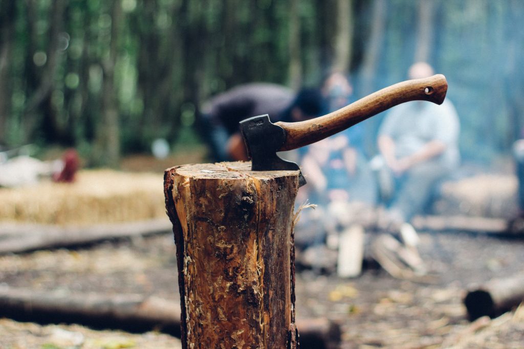 An axe rests in the centre of a block of firewood